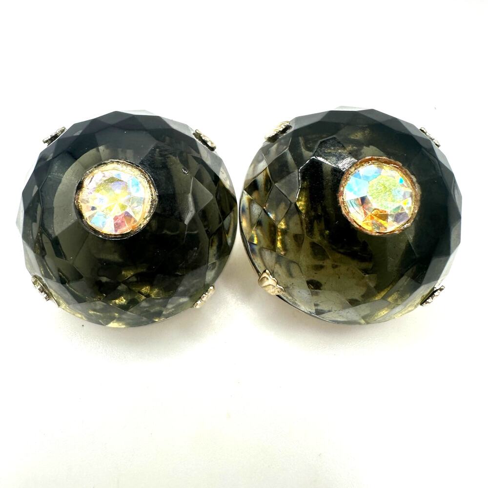 Vintage gold tone massive domed gray glass rhinestones AB clip on earrings